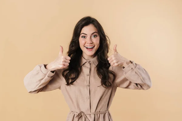 Image Excited Caucasian Woman Smiling Showing Thumbs Isolated Beige Background — Stock Photo, Image