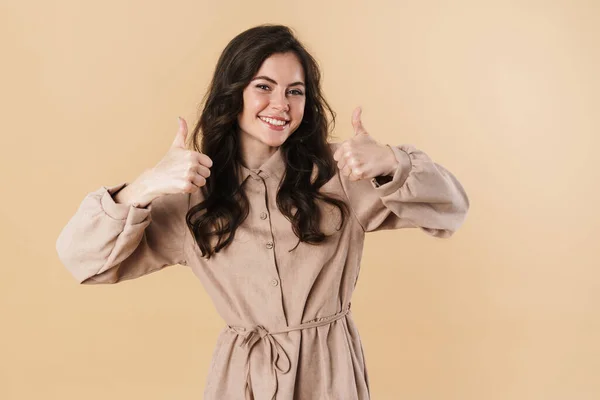 Image Joyful Caucasian Woman Smiling Showing Thumbs Isolated Beige Background — Stock Photo, Image