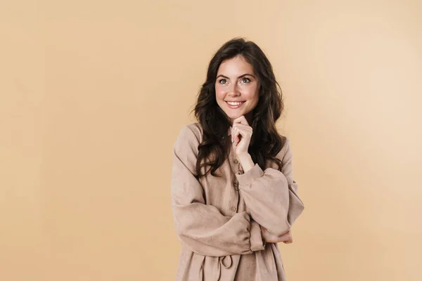 Imagen Mujer Caucásica Feliz Sonriendo Mirando Lado Aislado Sobre Fondo —  Fotos de Stock