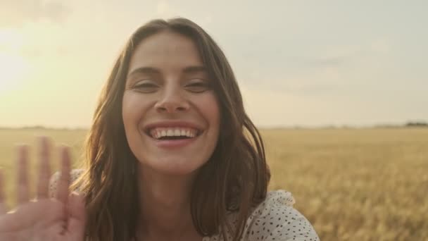 Happy Pretty Woman Wearing Dress Making Selfie Waving Camera Wheat — Stock Video