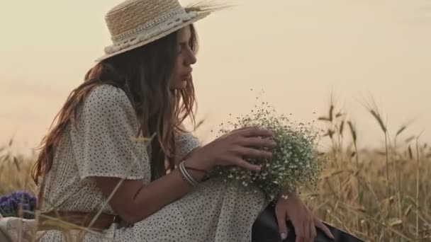 小麦畑でピクニックに座っている間に花と遊ぶドレスとスタイリッシュな帽子を身に着けている穏やかな魅力的な女性の側面図 — ストック動画