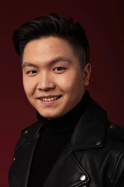 Image Joyful Asian Man Leather Jacket Smiling Looking Camera Isolated — Stock Photo, Image