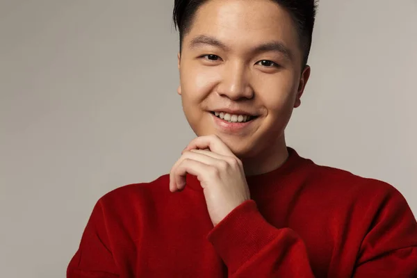 Bild Eines Zufriedenen Gutaussehenden Asiatischen Mannes Der Vor Grauem Hintergrund — Stockfoto