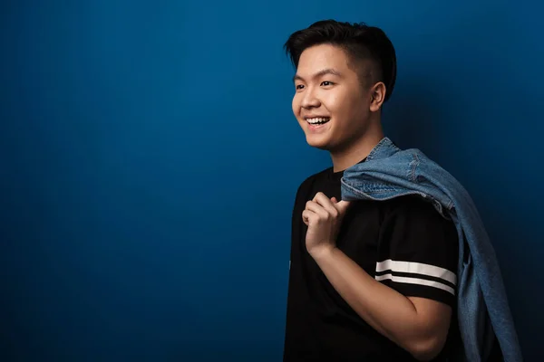 Image Joyful Handsome Asian Man Smiling While Posing Denim Shirt — Stock Photo, Image