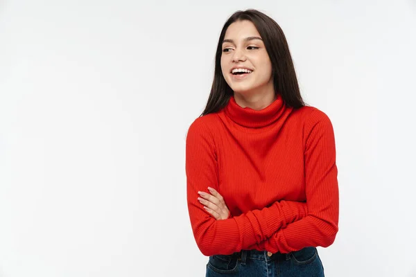 Photo Joyful Young Woman Red Sweater Posing Laughing Camera Isolated — Stock Photo, Image