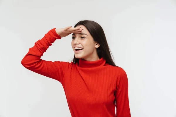 Foto Mujer Caucásica Alegre Sonriendo Mirando Lado Con Mano Frente —  Fotos de Stock