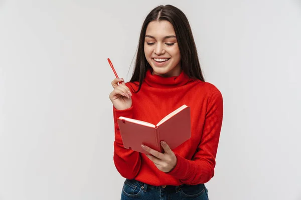 Foto Mujer Linda Caucásica Feliz Sonriendo Tomando Notas Planificador Aislado —  Fotos de Stock