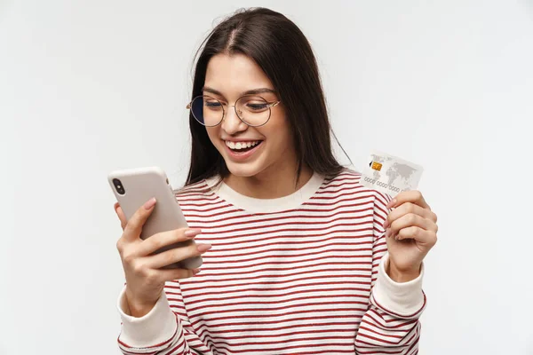 Portrait Pretty Cheerful Young Brunette Woman Wearing Casual Clothing Isolated — Stock Photo, Image