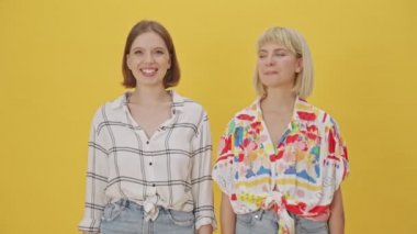 İki neşeli güzel kadın sarı arka planda birbirlerine beş dolar veriyorlar.