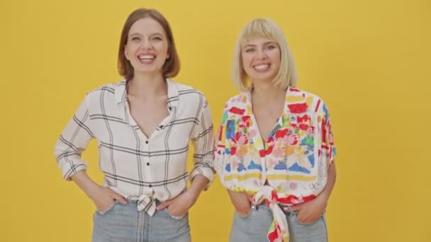 Zwei Glückliche Hübsche Frauen Die Zusammen Mit Armen Taschen Vor — Stockvideo