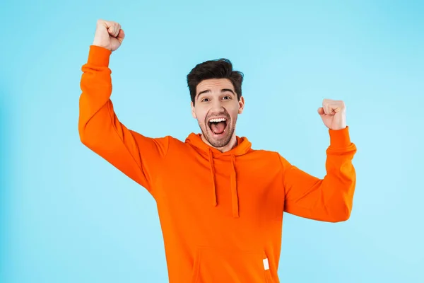 Imagen Joven Cerda Optimista Emocional Aislado Sobre Fondo Pared Azul — Foto de Stock