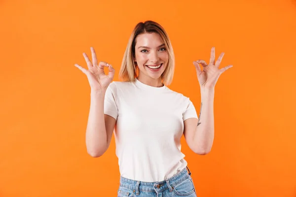 Image Joyful Caucasian Woman Smiling Gesturing Sign Isolated Orange Background — Stock Photo, Image