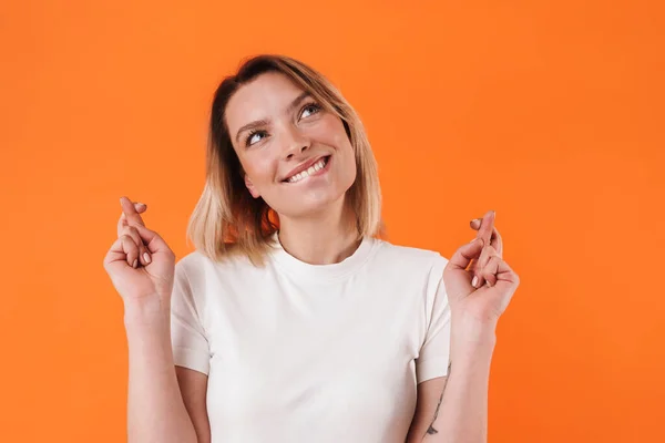 Immagine Bella Donna Allegra Sorridente Con Dita Incrociate Isolate Sfondo — Foto Stock