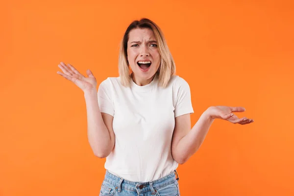 Image Beautiful Annoyed Woman Screaming Throwing Hands Isolated Orange Background — Stock Photo, Image