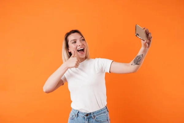 Image Happy Nice Woman Showing Thumb While Taking Selfie Cellphone — Stock Photo, Image