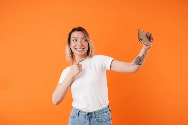 Image Happy Nice Woman Pointing Finger While Taking Selfie Cellphone — Stock Photo, Image