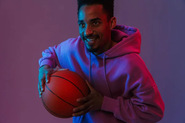 Portrait Happy African American Man Colored Hoodie Poising Camera Basketball — Stok Foto