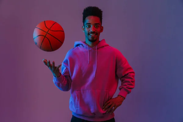 Portrait Masculine African American Man Colored Hoodie Poising Camera Basketball — Stok Foto