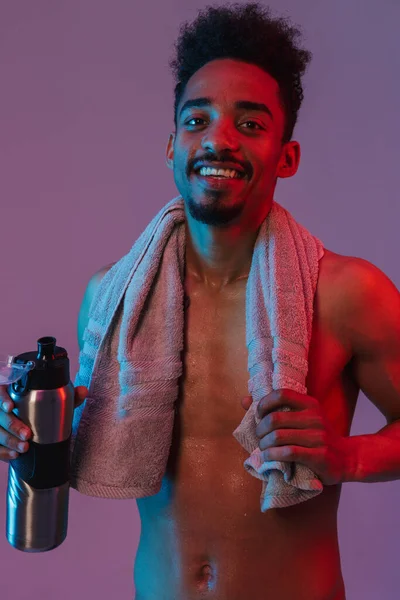 Portrait Laughing Shirtless African American Man Poising Thermos Bottle Towel — Stock Photo, Image