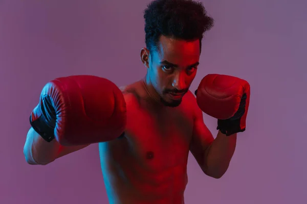 Retrato Del Guapo Hombre Afroamericano Semidesnudo Posando Guantes Boxeo Aislados — Foto de Stock