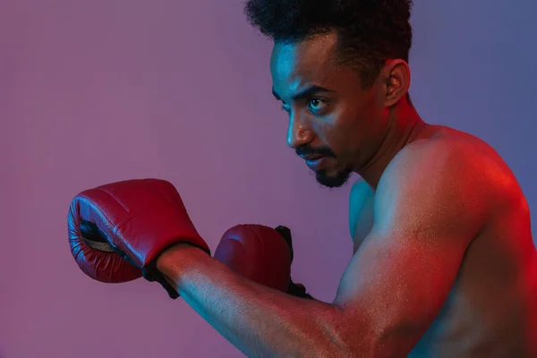 Portret Van Een Geconcentreerde Halfnaakte Afro Amerikaanse Man Met Bokshandschoenen — Stockfoto