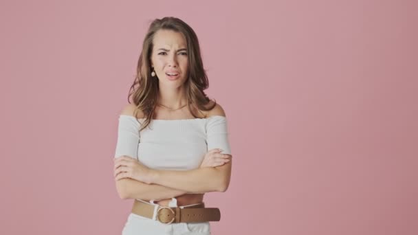 Confused Puzzled Young Woman Refusing Something Standing Isolated Pink Background — Stock Video