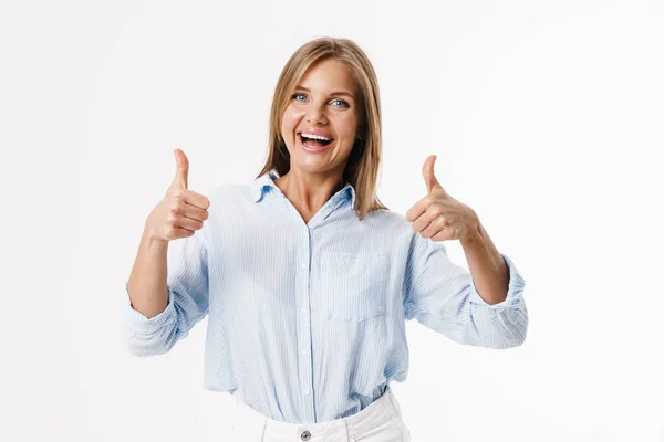 Image Happy Blonde Woman Showing Thumb Smiling Camera Isolated White — Stock Photo, Image