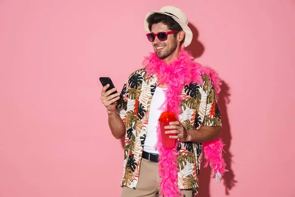 Portrait Smiling Man Wearing Boa Using Cellphone While Drinking Soda — Stock Photo, Image