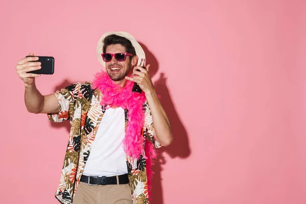 Portrait Smiling Man Wearing Boa Taking Selfie Cellphone While Drinking — Stock Photo, Image