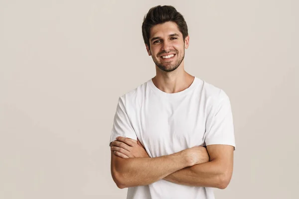 Retrato Homem Bonito Alegre Sorrindo Olhando Para Câmera Isolada Sobre — Fotografia de Stock