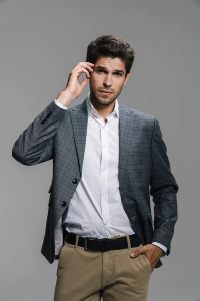 Photo Respectable Confident Businessman Jacket Posing Looking Camera Isolated Grey — Stock Photo, Image