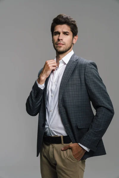 Photo Respectable Confident Businessman Jacket Posing Looking Camera Isolated Grey — Stock Photo, Image