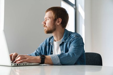 Odaklanmış, kırmızı sakallı yakışıklı bir adamın fotoğrafı. Laptopta çalışırken içeride oturuyor.