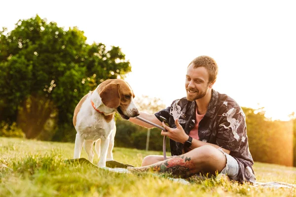 Image Young Caucasian Bearded Man Using Cellphone Sitting His Beagle — Stock Photo, Image