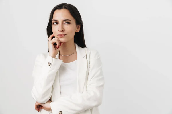 Photo Une Femme Affaires Sérieuse Séduisante Réfléchissant Regardant Côté Isolé — Photo