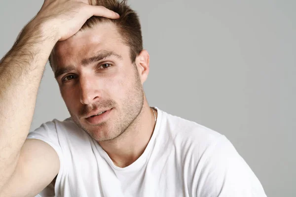 Portrait Redhead Masculine Man Posing Looking Camera Isolated Grey Background — Stock Photo, Image