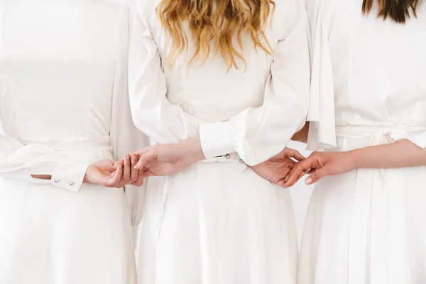 Gesneden Foto Van Rug Van Drie Vrouwen Jurken Die Elkaars — Stockfoto