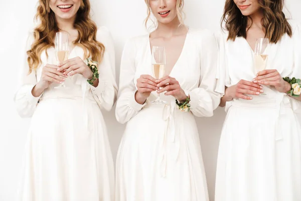 Gesneden Foto Van Jonge Mooie Bruidsmeisjes Poseren Drinken Champagne Geïsoleerd — Stockfoto