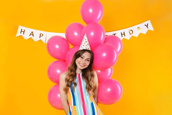 Image Une Jeune Femme Joyeuse Dans Cône Fête Tenant Des — Photo