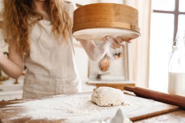 Close Attractive Young Girl Baking Kitchen Making Dough — Stock Photo, Image