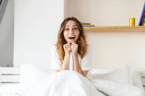 Lovely Happy Young Woman Sitting Bed Morning — Stock Photo, Image