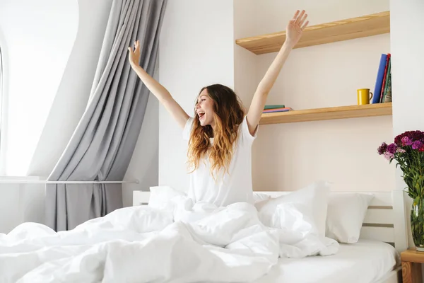 Lovely Happy Young Woman Sitting Bed Morning Stretching Hands — Stock Photo, Image