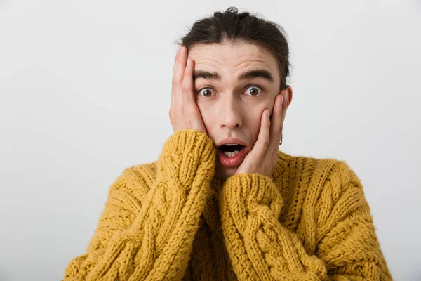 Portrait Closeup Stressed Shocked Man Earring Looking Camera Touching His — Stock Photo, Image