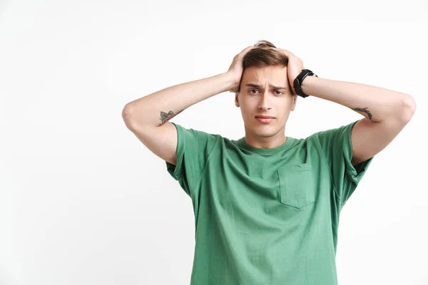 Beeld Van Knappe Blanke Man Basic Shirt Wordt Gestresst Grijpen — Stockfoto