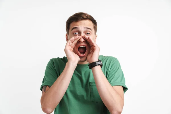 Image Brunette Caucasian Man Shouting Calling Somebody Hands His Mouth — Stock Photo, Image