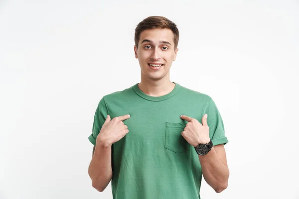 Image Happy Caucasian Man Basic Shirt Smiling Pointing Fingers Himself — Stock Photo, Image