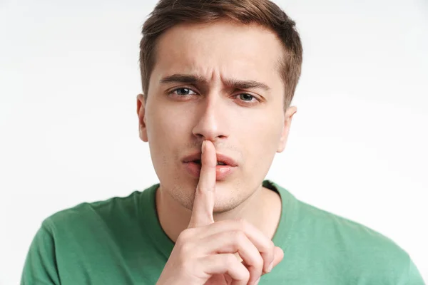 Image Brunette Caucasian Man Basic Shirt Holding Index Finger Lips — Stock Photo, Image