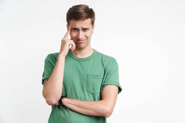 Image Confused Caucasian Man Basic Shirt Thinking Touching His Temple — Stock Photo, Image