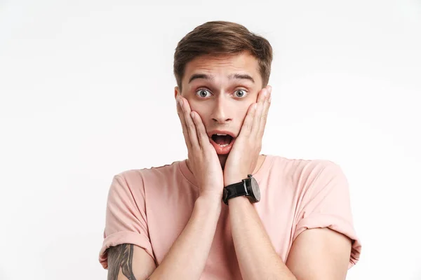 Image Intimidated Caucasian Man Basic Shirt Being Stressed Grabbing His — Stock Photo, Image