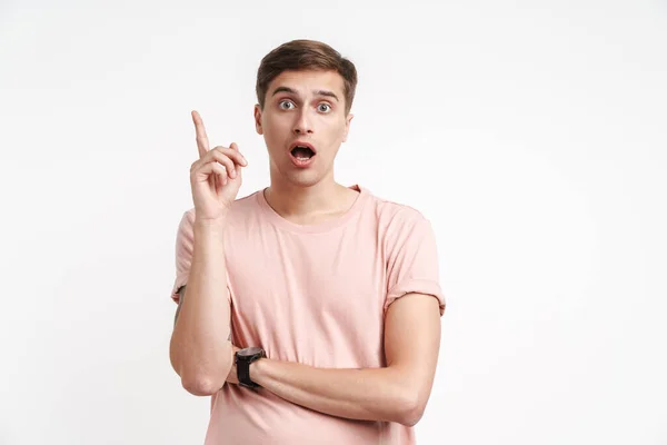 Image Surprised Caucasian Man Basic Shirt Wondering Pointing Finger Isolated — Stock Photo, Image